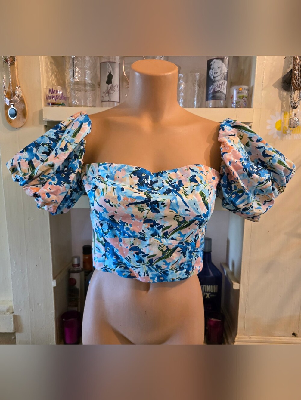 Abercrombie & Fitch Crop Top Baby Tee M Floral Blue Orange On/Off Shoulder NWT